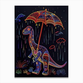 Neon Dinosaur With Umbrella In The Rain 1 Canvas Print