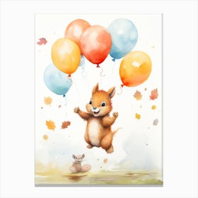 Squirrel Flying With Autumn Fall Pumpkins And Balloons Watercolour Nursery 1 Canvas Print