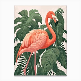 American Flamingo And Philodendrons Minimalist Illustration 1 Canvas Print