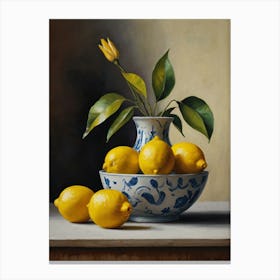 Lemons In A Blue And White Vase Canvas Print