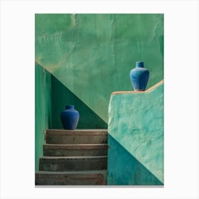 Blue Vases On A Green Wall Canvas Print