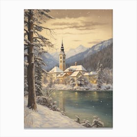 Vintage Winter Illustration Lake Bled Slovenia 1 Canvas Print