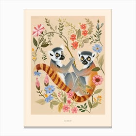 Folksy Floral Animal Drawing Lemur 2 Poster Canvas Print