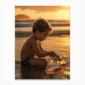 Little Boy Playing With Fish At Sunset Canvas Print