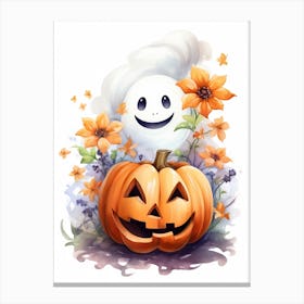 Cute Ghost With Pumpkins Halloween Watercolour 16 Canvas Print