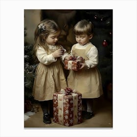 Two Little Girls With Christmas Presents Canvas Print