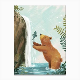 Brown Bear Catching Fish In A Waterfall Storybook Illustration 1 Canvas Print