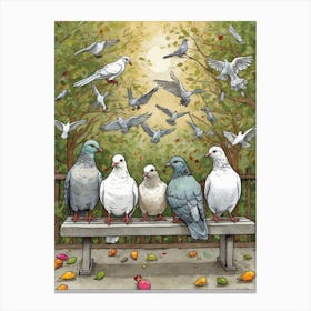 Pigeons On A Bench 1 Canvas Print