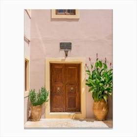 Brown Door And Pink Wall In Greece Canvas Print
