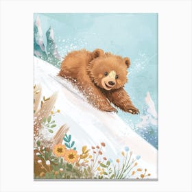 Sloth Bear Cub Sliding Down A Snowy Hill Storybook Illustration 4 Canvas Print