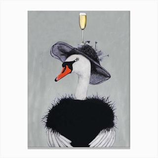 Swan With Champagne Glass Grey & Black Canvas Print