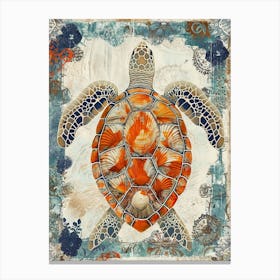 Sea Turtle Wallpaper Style Blue & Beige 1 Canvas Print