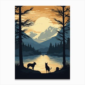 Sunset With Dogs By The Lake Canvas Print