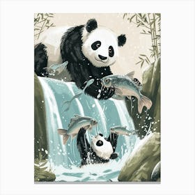 Giant Panda Catching Fish In A Waterfall Storybook Illustration 4 Canvas Print