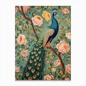 Turquoise Peacock On A Branch Floral Wallpaper Canvas Print