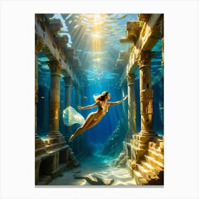 Woman swimming in gold underwater ruin Canvas Print
