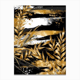 Gold Leaves On Black Background 10 Canvas Print