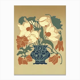 Vase With Flowers Woodcut 2 Canvas Print
