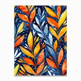 Autumn Leaves On Blue Background Canvas Print