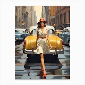 New York Middle 20th Century Walking Girl Retro Cars 2 Canvas Print