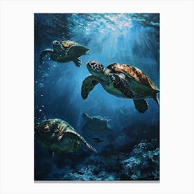 Sea Turtles Illuminated By The Light Underwater 3 Canvas Print