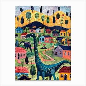 Cute Colourful Dinosaur In A Village 3 Canvas Print