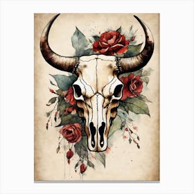 Vintage Boho Bull Skull Flowers Painting (2) Canvas Print