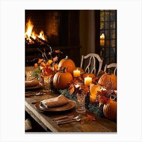 Autumn Table Decoration Cascading Leaves Of Warm Hues Rest Atop Smooth Pumpkins With Textured Exter (5) Canvas Print