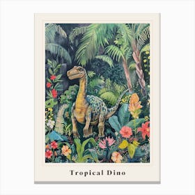Dinosaur In Tropical Flowers Painting 1 Poster Canvas Print