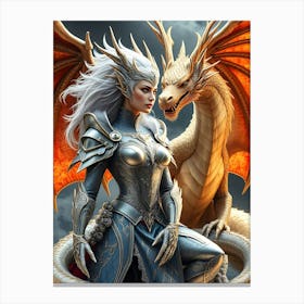 Women in Silver Armor With A Dragon Canvas Print