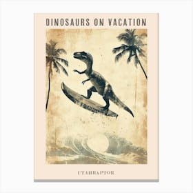 Vintage Utahraptor Dinosaur On A Surf Board 1 Poster Canvas Print