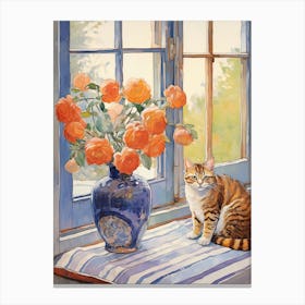 Cat With Camelia Flowers Watercolor Mothers Day Valentines 3 Canvas Print