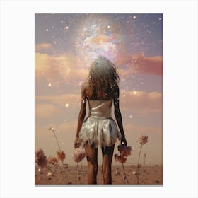 Cosmic portrait of a woman in the desert surrounded by flowers Canvas Print
