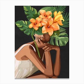 Woman with tropical flowers and leaves on the head 2 Canvas Print