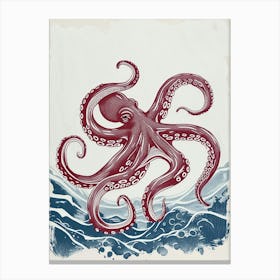 Red & Navy Blue Octopus In The Ocean Linocut Inspired 4 Canvas Print
