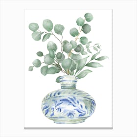 Eucalyptus Flowers leaves in a vase green and blue print Canvas Print