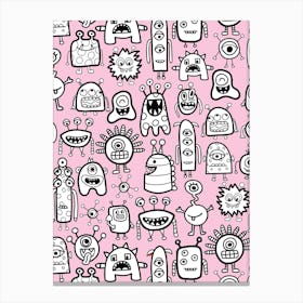 Happy Funky Monsters and Aliens Black and White on Light Pink Kids Canvas Print