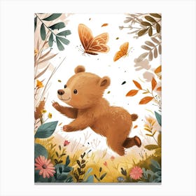 Brown Bear Cub Chasing After A Butterfly Storybook Illustration 1 Canvas Print