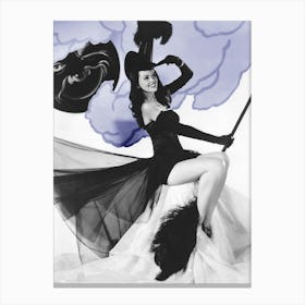 Black Pin Up Witch Posing On A Broom And A Winking Moon Canvas Print