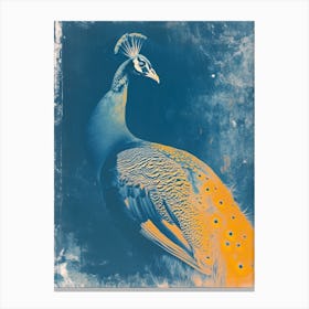 Navy Blue & Orange Cyanotype Inspired Peacock Portrait Canvas Print