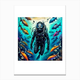 Scuba Diver with Fishes Around him 1 Canvas Print