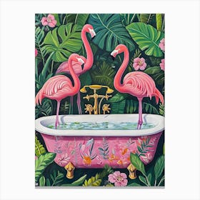 Pink Flamingos In Bathtub Canvas Print