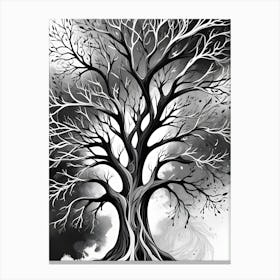 Black And White Illustration Of A Tree With Abstract White Veins Canvas Print