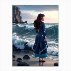 3d Animation Style Sarah Standing Alone By The Sea Waves Crash 1 Canvas Print
