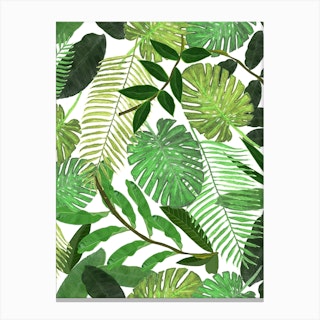 Green Tropical Watercolor Leaves Pattern Canvas Print