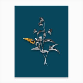 Vintage Blue Spiderwort Black and White Gold Leaf Floral Art on Teal Blue Canvas Print