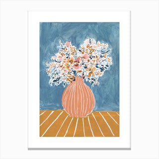 Stone Blue Peach And Mustard Floral Vase Canvas Print