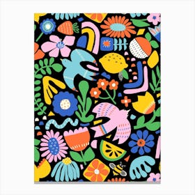 Birds And Flowers Happy Colorful Collage Canvas Print