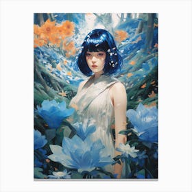 Girl In paradise of white flowers Canvas Print