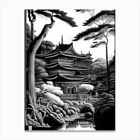 Ginkaku Ji Temple, 1 Japan Linocut Black And White Vintage Canvas Print